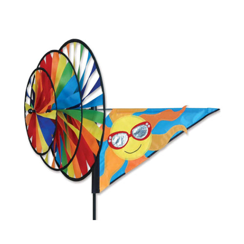 Colorful triple spinner with a sun wearing sunglasses design