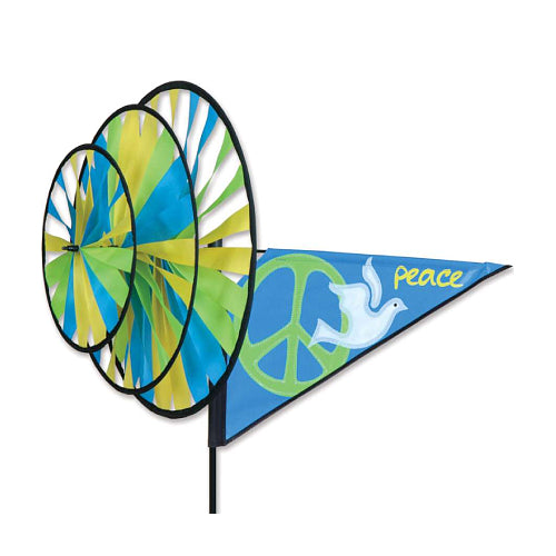 Blue and Yellow triple spinner with peace symbol and dove design on the tail.