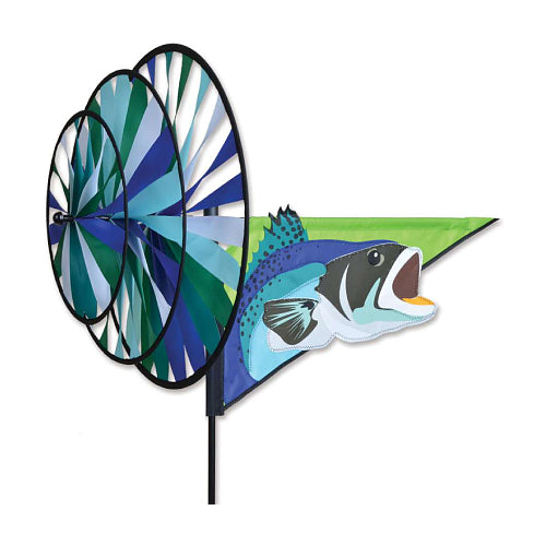 Decorative fish triple spinner with colorful wheels that spin in the wind
