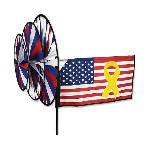 Red, White, and blue triple spinner with American flag featuring a yellow ribbon displayed behind the spininng wheels