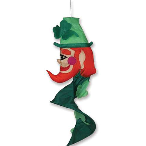 Decorative windsock shaped like a leprechaun with red hair and green hat