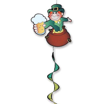 Decorative hanging twister featuring a leprechaun in a pot of gold and a beer mug.