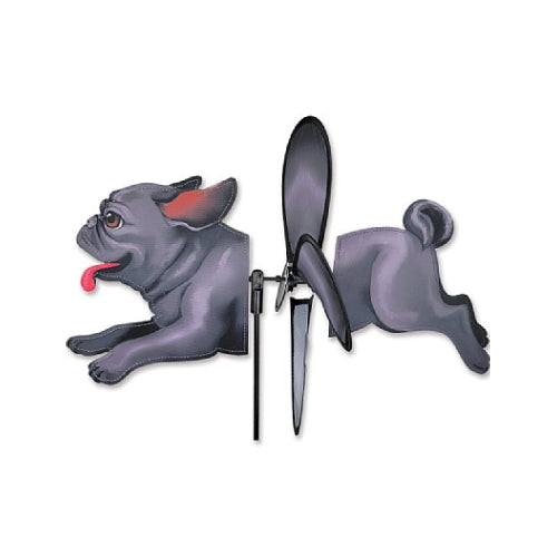 Ground spinner featuring a running black pug dog