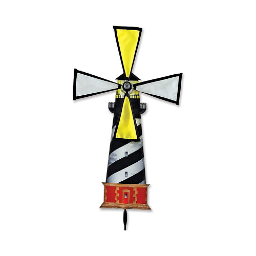 Decorative lighthouse-shaped spinner with black, white, and yellow design