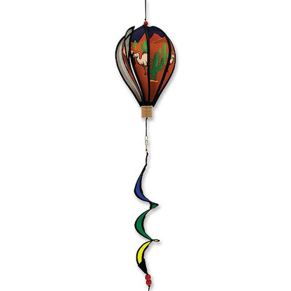 Decorative hot air balloon with colorful tail.