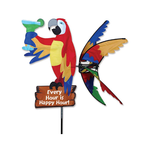 Colorful parrot-shaped wind spinner perched atop a sign saying 'Every Hour is Happy Hour!' 