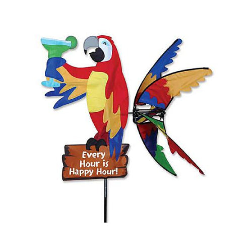 Colorful parrot wind spinner with a humorous happy hour quote