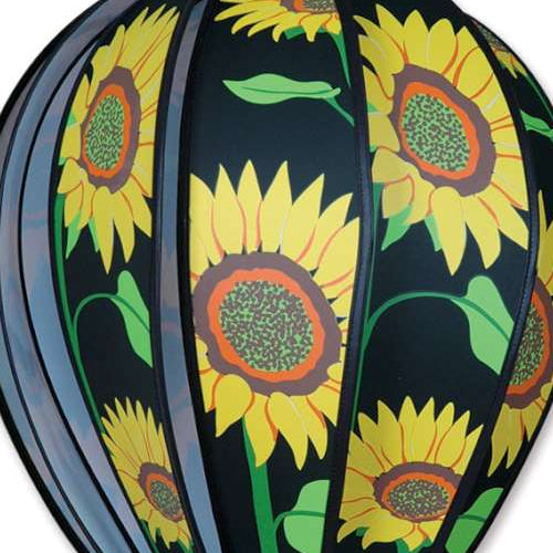 Decorative hanging hot air balloon spinner with sunflower design on a black background