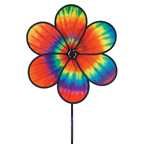 Close up view of the colorful tie-dye flower-shaped wind spinner