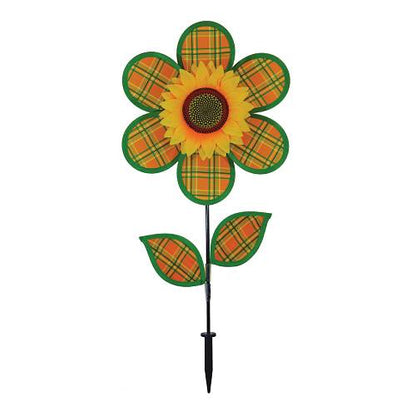 2659_Green and orange plaid-flower-spinner-yellow sunflower center with-leaves-12inch