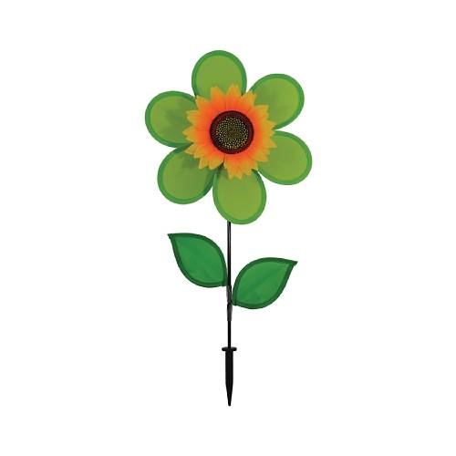 A decorative garden stake flower with green petals, a yellow and orange center, two green leaves, and a black fiberglass stake