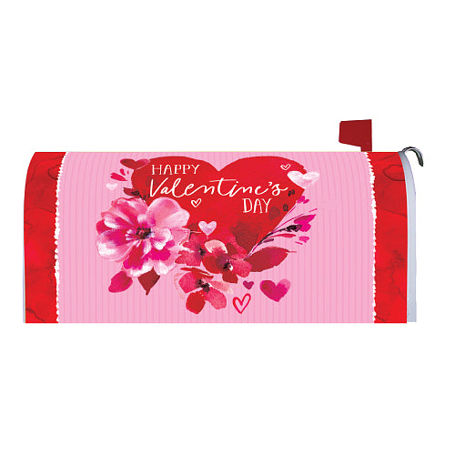 Valentine's Day mailbox cover with pink flowers and red heart design on a pink background