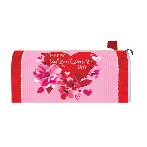 Valentine's Day mailbox cover with pink floral design and red heart