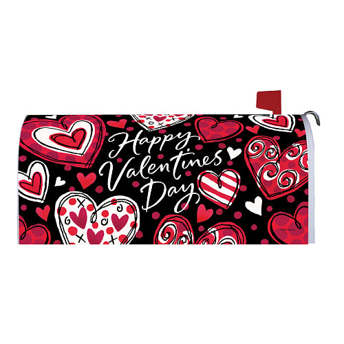 Valentine's Day mailbox cover with hearts and 'Happy Valentine's Day' text on a black background