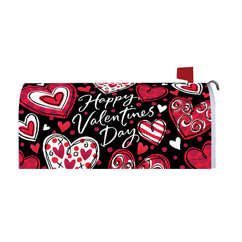 Valentine's Day mailbox cover with hearts and 'Happy Valentine's Day' text on a black background