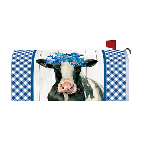 Large mailbox cover with a cow wearing a flower crown against a barn wood and blue checkered pattern