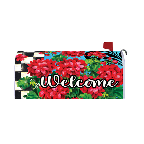 Mailbox cover with red flowers and 'Welcome' text on a blue background and black and white checkered pattern on left side