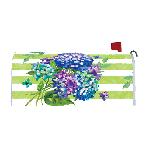 Mailbox cover with blue and green hydrangeas on a green and white, horizontal striped background