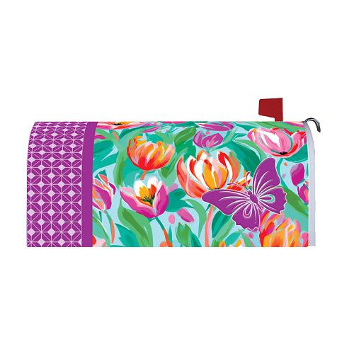 Large mailbox cover with floral design featuring tulips and a butterfly