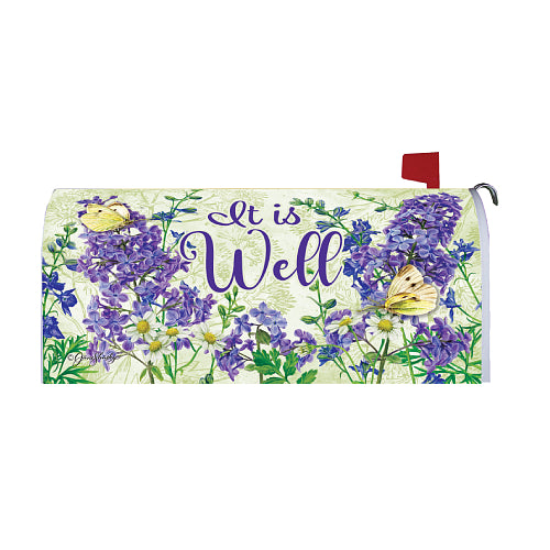 Mailbox cover with floral design and 'It is Well' text on a light green, floral patterned background