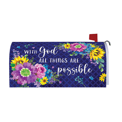 Mailbox cover with floral design and inspirational quote, 'With God All Things Are Possible' on a blue background