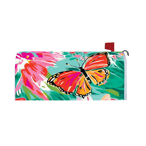 Mailbox cover featuring a colorful butterfly design on a blue and green background