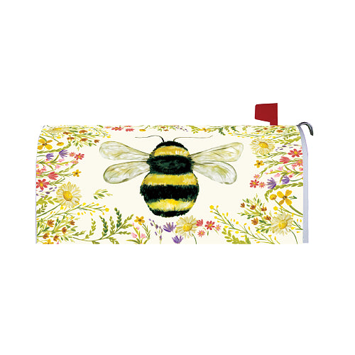 Mailbox cover with a bee and floral design on a white background