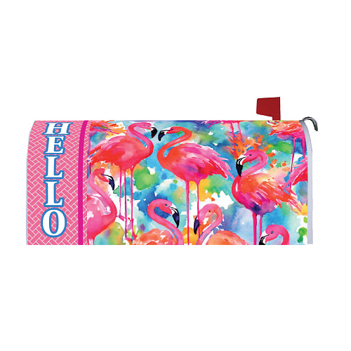 Decorative oversized mailbox cover featuring vibrant watercolor pink flamingos set against a colorful splashed multicolor background, with bold vertical "HELLO" lettering on a pink herringbone-patterned side panel, wrapped around a large, T2 size mailbox.