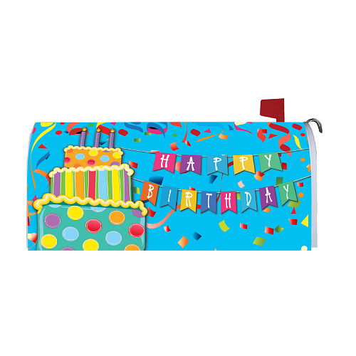 Colorful 'Happy Birthday' large mailbox cover with a cake and candles on a blue background