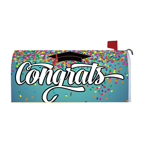 Mailbox cover with 'Congrats' text and confetti and mortarboard design on a blue background
