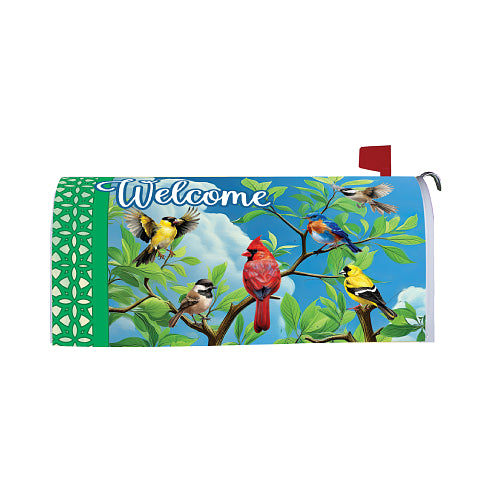 Mailbox cover with colorful birds on a branch and 'Welcome' text
