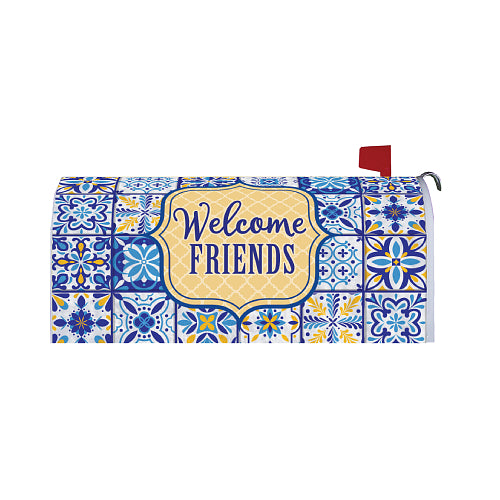 Mailbox cover with blue and yellow mosaic tile pattern and 'Welcome Friends' text