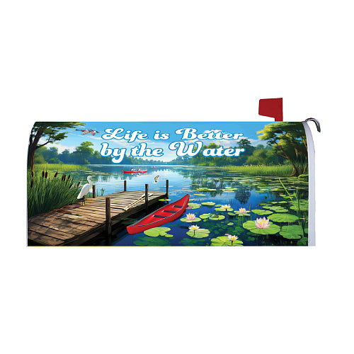 Mailbox cover with a scenic design of a lake, dock, and red kayak, featuring the text 'Life is Better by the Water'.