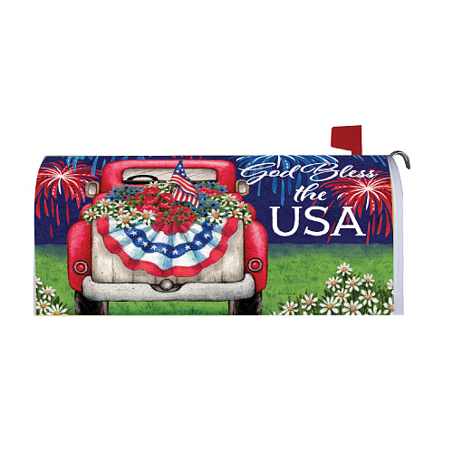 Mailbox cover with patriotic design featuring a truck, American flag, and 'God Bless the USA' text.
