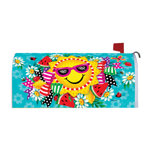 Colorful large mailbox cover with a sun design, sunglasses, and summer elements on a blue background.