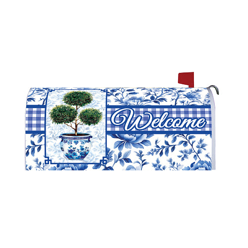 Decorative, large mailbox cover with design, and 'Welcome' text on a blue and white checkered background.