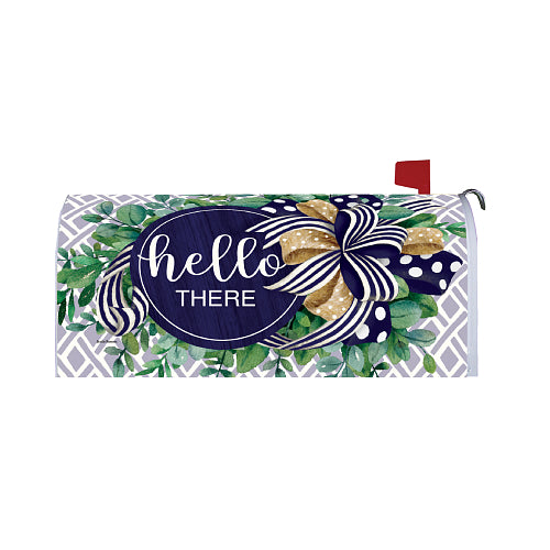 Large mailbox cover with decorative bow, gold bow knot, and 'hello there' text on a white, patterned background
