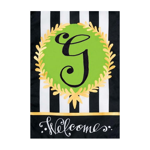 Decorative flag with a green circle, black 'G', gold leaves, and white 'Welcome' text on a black and white striped background. From Wind Sensations