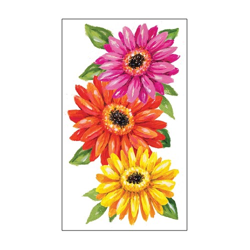 Three colorful flowers (pink, orange, yellow) on a white background