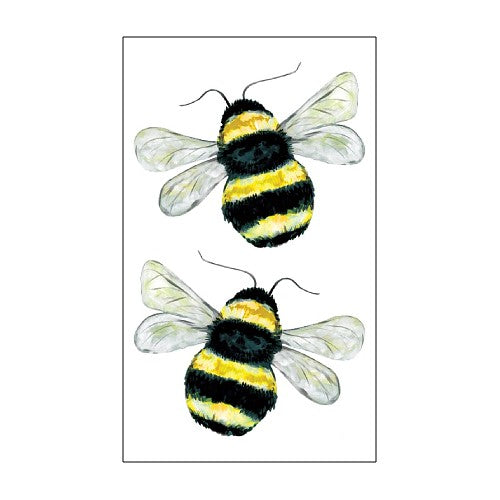 Two illustrations of bees with black and yellow stripes on a white background