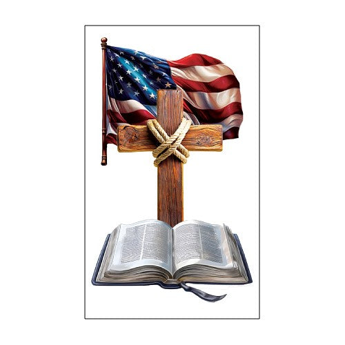 Open Bible with wooden cross and American flag on a white background