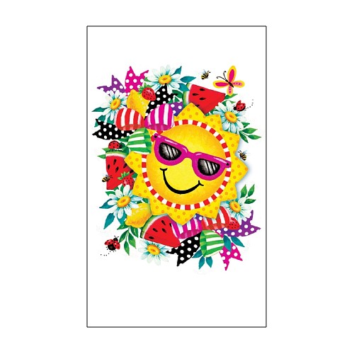 Colorful sun design with sunglasses, flowers, and watermelon slices on a white background
