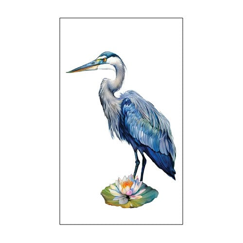 Blue heron standing on a lily pad with a white background
