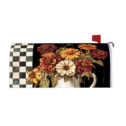 Vintage Fall Flowers oversized Fall mailbox cover with zinnias and pumpkins