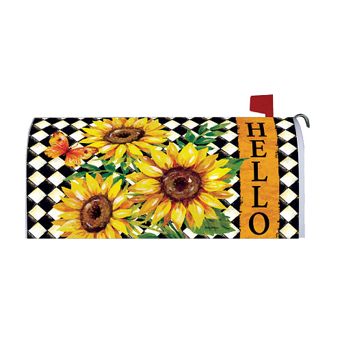 Sunflower Harlequin oversized fall mailbox cover with sunflowers and Hello greeting