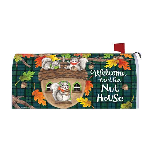 Nuthouse Squirrel oversized Fall mailbox cover with squirrels and acorn nut house