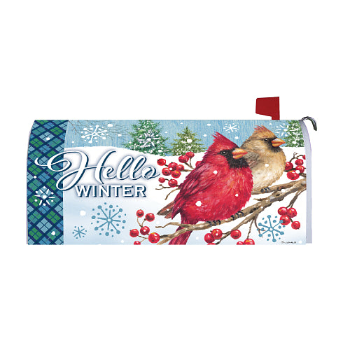 Winter Cardinals oversized mailbox cover with red and buff cardinals on a snowy branch