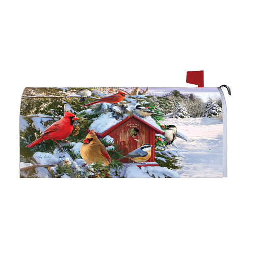 Winter Birds oversized mailbox cover with cardinals and a snowy red birdhouse