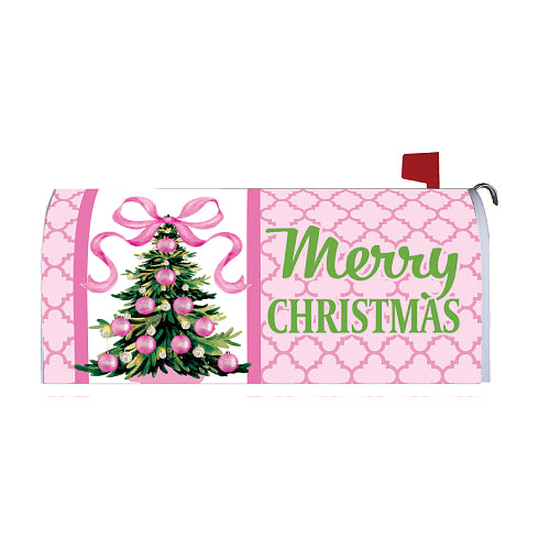 Pink Christmas Tree oversized magnetic Christmas mailbox cover, pink-ornament fir with green Merry Christmas script