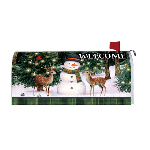 Deer Friends winter welcome oversized mailbox cover with snowman and fawns